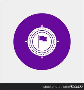Aim, business, deadline, flag, focus White Glyph Icon in Circle. Vector Button illustration. Vector EPS10 Abstract Template background
