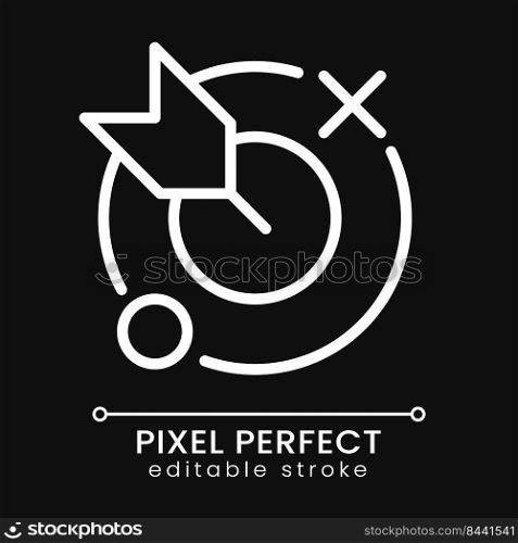 Aim pixel perfect white linear icon for dark theme. Business goals and targets. Corporate achievements. Thin line illustration. Isolated symbol for night mode. Editable stroke. Poppins font used. Aim pixel perfect white linear icon for dark theme