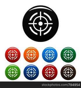 Aim target icons set 9 color vector isolated on white for any design. Aim target icons set color