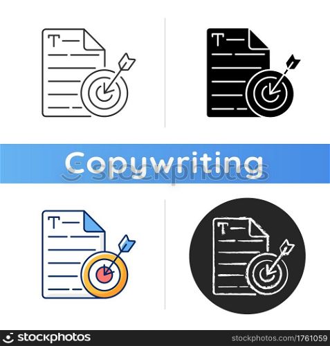 Aiming at target audience icon. Online marketing. Engaging content for focus customers. Copywriting services. Writing commercial text. Linear black and RGB color styles. Isolated vector illustrations. Aiming at target audience icon