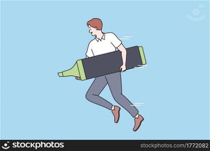 Aiming business goals and time management concept. Young positive businessman cartoon character running and holding huge green marker in hands vector illustration . Aiming business goals and time management concept