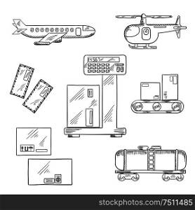 Air and rail freight or delivery service icons with airplane, helicopter, tank wagon, letters and delivery boxes with packaging signs on a scales and a conveyor belt. Air and rail delivery service icons