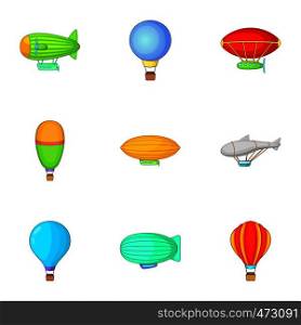 Air balloon and airship icons set. Cartoon set of 9 air balloon and airship vector icons for web isolated on white background. Air balloon and airship icons set, cartoon style