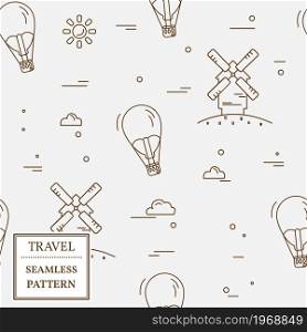 Air balloon and windmill travel seamless pattern. Thin line icon. Vector illustration for web and mobile, modern minimalistic flat design.