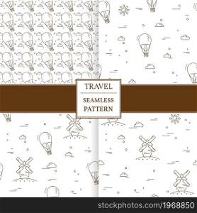 Air balloon and windmill travel set seamless pattern. Thin line icon. Vector illustration for web and mobile, modern minimalistic flat design.