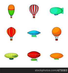 Air balloon festival icons set. Cartoon set of 9 air balloon festival vector icons for web isolated on white background. Air balloon festival icons set, cartoon style