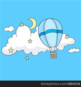 air balloon flying in space. cartoon illustration cute little sticker