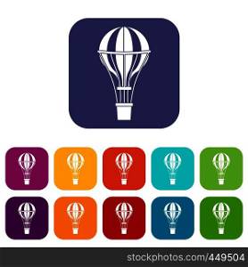 Air balloon journey icons set vector illustration in flat style In colors red, blue, green and other. Air balloon journey icons set flat