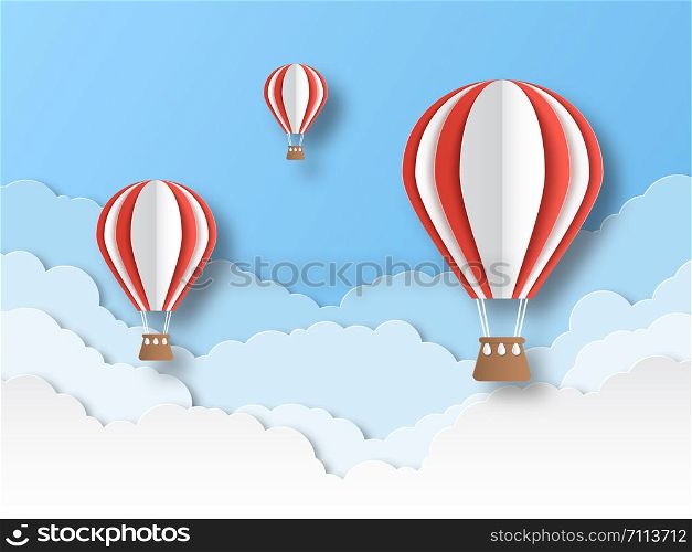 Air balloon paper cut. Colourful flying balloons in blue sky with white clouds. Airship travel 3d origami cartoon vector graphics creative festival floating background. Air balloon paper cut. Colourful flying balloons in blue sky with white clouds. Airship travel 3d origami cartoon vector background