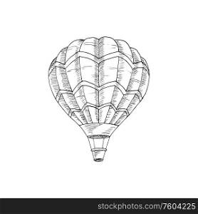 Air balloon with basket isolated retro transport. Vector heated by gas ball, hotair transportation vehicle. Hot air balloon isolated monochrome sketch