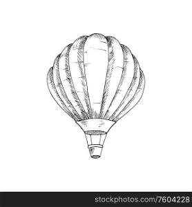 Air balloon with basket isolated retro transport. Vector heated by gas ball, hotair transportation vehicle. Hot air balloon isolated monochrome sketch