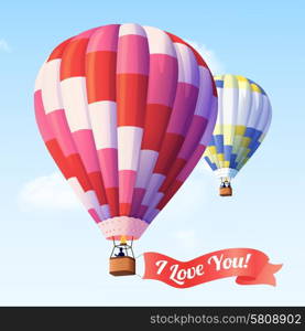 Air balloon with ribbon with I love you text flying in blue sky vector illustration. Air Balloon With Ribbon