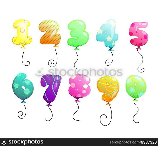 Air balloons numbers set. Air balloons, numbers, multicolored drawing. Festive decoration concept. Vector illustration can be used for topics like birthday party, festival, celebration, decoration. Air balloons numbers set