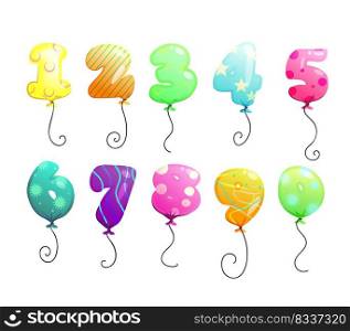 Air balloons numbers set. Air balloons, numbers, multicolored drawing. Festive decoration concept. Vector illustration can be used for topics like birthday party, festival, celebration, decoration. Air balloons numbers set