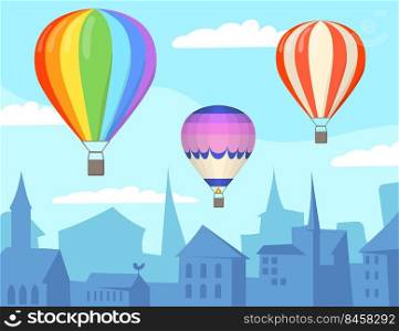 Air balloons over city cartoon illustration. Three bright colorful aerostats floating over silhouetted city or town. Clear blue sky with white clouds. Aeronautics concept for website or landing page