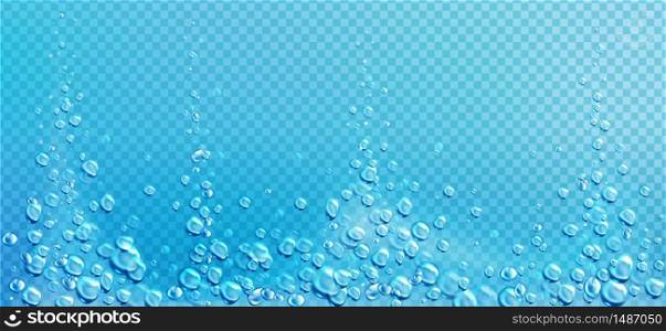 Air bubbles, effervescent water fizz border. Dynamic aqua motion, randomly moving underwater fizzing, soda drink frame design on blue transparent background, Realistic 3d vector illustration. Air bubbles, effervescent water fizz, aqua motion