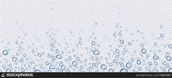 Air bubbles, effervescent water fizz border. Dynamic aqua motion, randomly moving underwater fizzing, soda drink frame design on transparent background, Realistic blue 3d vector illustration. Air bubbles, effervescent water fizz, aqua motion