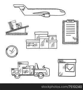 Air cargo and logistics business sketch icons of airplane, conveyor, cardboard boxes with packaging symbols, airport truck, clock and clip board with order list with caption Aviation below. Air cargo and logistics business sketched icons