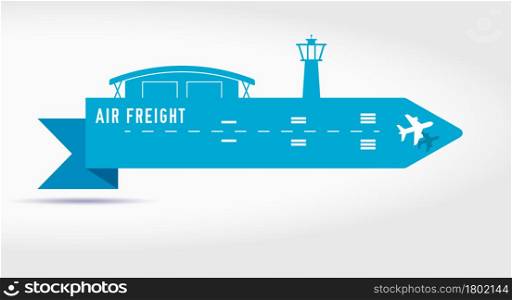 Air cargo services and freight paper cut ribbon banner. Airport with a hangar and a tower, an airplane taking off. Flat vector illustration isolated on white background.. Air cargo services and freight paper cut ribbon banner. Flat vector illustration isolated on white