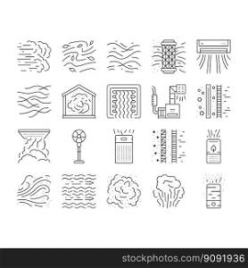 air clean fresh wind flow filter icons set vector. home dust, conditioner blue, cold purification, nature technology, cleaner room air clean fresh wind flow filter black contour illustrations. air clean fresh wind flow filter icons set vector