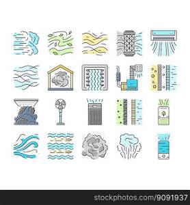 air clean fresh wind flow filter icons set vector. home dust, conditioner blue, cold purification, nature technology, cleaner room air clean fresh wind flow filter color line illustrations. air clean fresh wind flow filter icons set vector