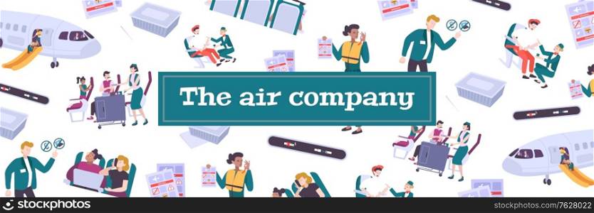 Air company seamless pattern with passenger on board and staff performing official duties flat vector illustration