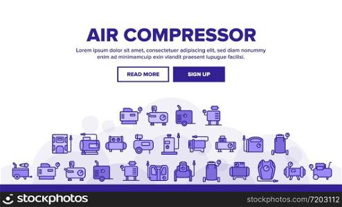 Air Compressor Device Landing Web Page Header Banner Template Vector. Air Compressor, Pump Electronic Equipment, Professional Tool Instrument Illustrations. Air Compressor Device Landing Header Vector