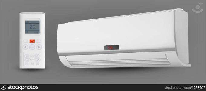 Air Condition System With Remote Control Vector. Block Of Conditioner For Cool And Heat Temperature In Room. Climate Electronic Technology Device With Display Template Realistic 3d Illustration. Air Condition System With Remote Control Vector