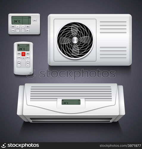 Air conditioner isolated realistic vector illustration. Temperature air conditioner for home, electronic power equipment for climate control. Air conditioner isolated realistic vector illustration