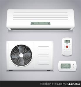 Air conditioner realistic set with cooling and ventilation equipment isolated vector illustration. Air Conditioner Set