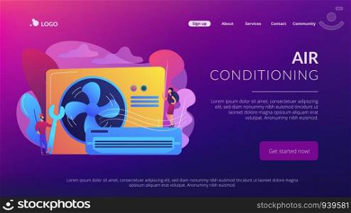 Air conditioner repair worker with wrench, service and maintenance. Air conditioning, smart cooling system, air conditioning units concept. Website vibrant violet landing web page template.. Air conditioning concept landing page.