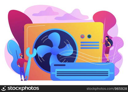 Air conditioner repair worker with wrench, service and maintenance. Air conditioning, smart cooling system, air conditioning units concept. Bright vibrant violet vector isolated illustration. Air conditioning concept vector illustration.