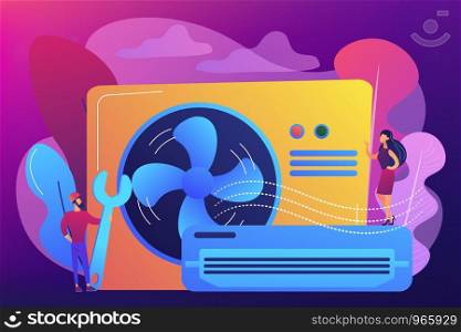 Air conditioner repair worker with wrench, service and maintenance. Air conditioning, smart cooling system, air conditioning units concept. Bright vibrant violet vector isolated illustration. Air conditioning concept vector illustration.