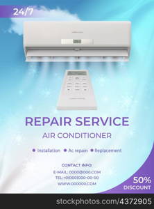 Air conditioner system repair service promo flyer. Advertising poster with realistic split blow cold wind, snow and remote vector template. Illustration of conditioner repair service. Air conditioner system repair service promo flyer. Advertising poster with realistic split blow cold wind, snow and remote vector template