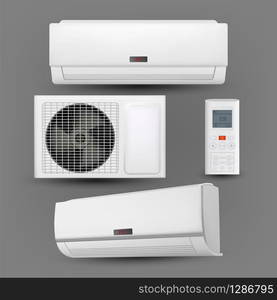 Air Conditioner System With Control Set Vector. External And Room Block Of Conditioner And Remote Controlling Tool With Screen And Buttons. Office Climate Equipment Template Realistic 3d Illustrations. Air Conditioner System With Control Set Vector