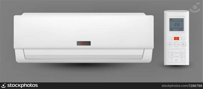 Air Conditioner System With Remote Control Vector. Cooling And Heating Block Of Conditioner For House Or Office. Climate Electronic Technology Equipment Template Realistic 3d Illustration. Air Conditioner System With Remote Control Vector