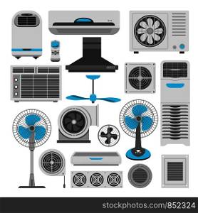 Air conditioners and fans, air purifiers and home climate humidifiers icons. Vector flat different home appliances for house microclimate or air conditioning and cooling or heating. Air conditioners and fans or air purifiers humidifiers vector flat icons set