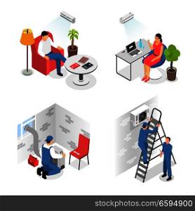 Air conditioners service design concept with four compositions of domestic users and climate control arrangement crew vector illustration. Air Conditioners Design Concept