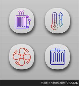 Air conditioning app icons set. Electric radiator, climate control, exhaust fan, heating element. UI/UX user interface. Web or mobile applications. Vector isolated illustrations. Air conditioning app icons set