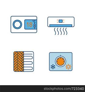 Air conditioning color icons set. Digital thermostat, air conditioner, floor heating, climate control knob. Isolated vector illustrations. Air conditioning color icons set