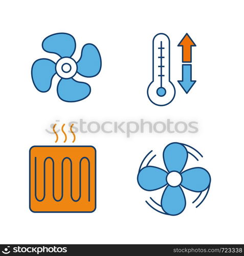 Air conditioning color icons set. Exhaust fan, ventilator, climate control, heating element. Isolated vector illustrations. Air conditioning color icons set