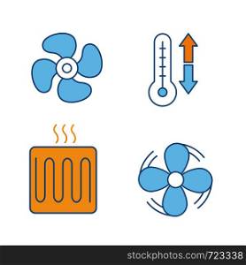 Air conditioning color icons set. Exhaust fan, ventilator, climate control, heating element. Isolated vector illustrations. Air conditioning color icons set