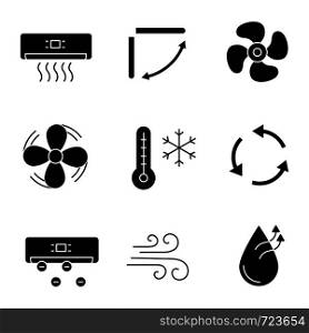 Air conditioning glyph icons set. Air conditioner, louvers, exhaust fan, ventilator, winter temperature, ventilation, ionizer, airflow, humidification. Silhouette symbols. Vector isolated illustration. Air conditioning glyph icons set