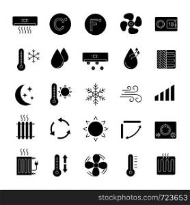 Air conditioning glyph icons set. Air heating, humidification, ionization, ventilation. Climate control. Silhouette symbols. Vector isolated illustration. Air conditioning glyph icons set