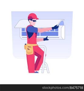 Air conditioning installation isolated concept vector illustration. Smiling repairman installs air conditioner, interior electrical works, temperature control equipment vector concept.. Air conditioning installation isolated concept vector illustration.