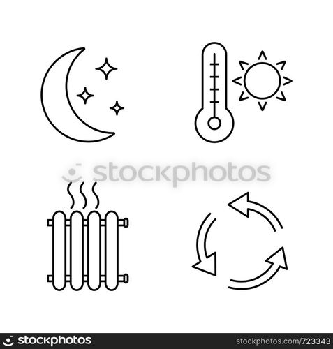 Air conditioning linear icons set. Night climate, summer temperature, radiator, ventilation. Thin line contour symbols. Isolated vector outline illustrations. Editable stroke. Air conditioning linear icons set