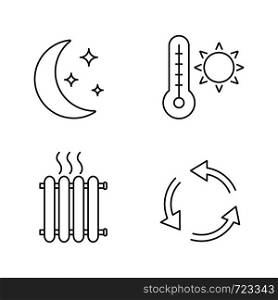 Air conditioning linear icons set. Night climate, summer temperature, radiator, ventilation. Thin line contour symbols. Isolated vector outline illustrations. Editable stroke. Air conditioning linear icons set