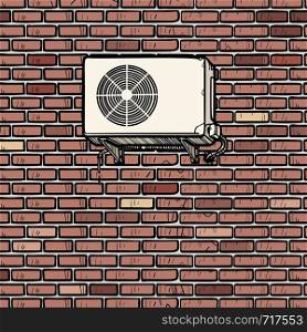 air conditioning on the outside brick wall of the house. Comic cartoon pop art retro illustration drawing. air conditioning on the outside brick wall of the house