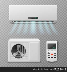 Air conditioning. Realistic conditioner with remote controller, hot or cold blowing air. Fresh airing flow in apartment, home or office, climate maintenance vector set. Air conditioning. Realistic conditioner, hot or cold blowing air. Fresh airing flow in apartment or office, climate maintenance vector set