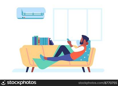 Air conditioning. Summer electric cooling. Cold temperature in room. Man lying on couch. Home relax. Male character turning on cooler ventilation. House condition. climate technology. Vector concept. Air conditioning. Summer electric cooling. Cold temperature in room. Man lying on couch. Male character turning on cooler ventilation. House condition. climate technology. Vector concept